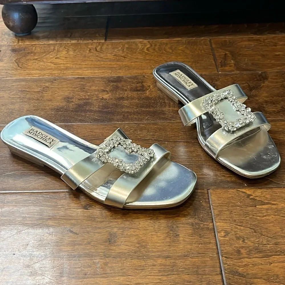 Badgley Mischka Collection Josette Leather Slide Sandal Silver, 8.5!